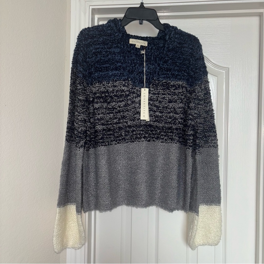 Love Stitch Colorblock Cottage core warm cozy Sweater - Blue, Gray, and Cream